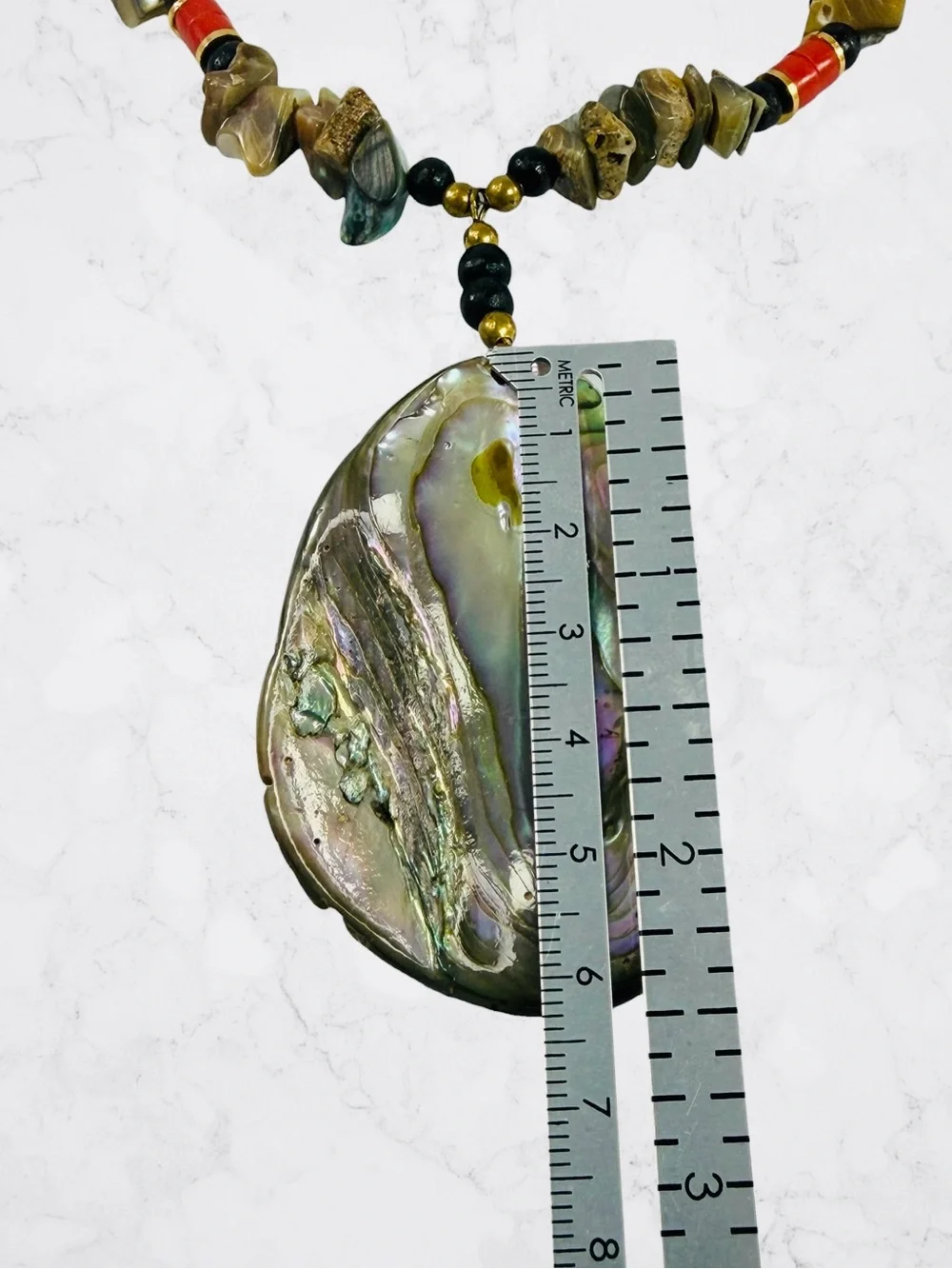 Boho Natural Abalone Shell MOP Statement Necklace Iridescent Chip Beaded 19”